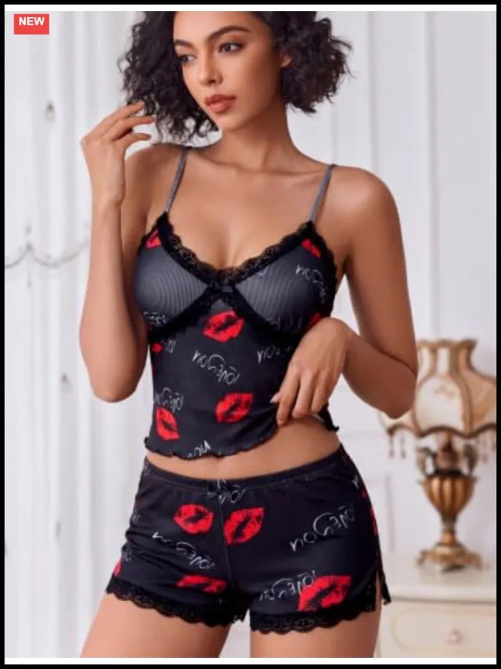 Women's Soft Ribbed Knit Cami Pajama Set V Neck Lace Trim Side Slit Shorts